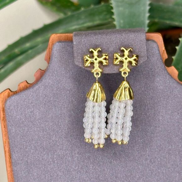 Tory Burch Jewelry - Tory Burch Roxanne Tassel Earrings Gold-Plated Brass Clear Beaded Drop 2.25”